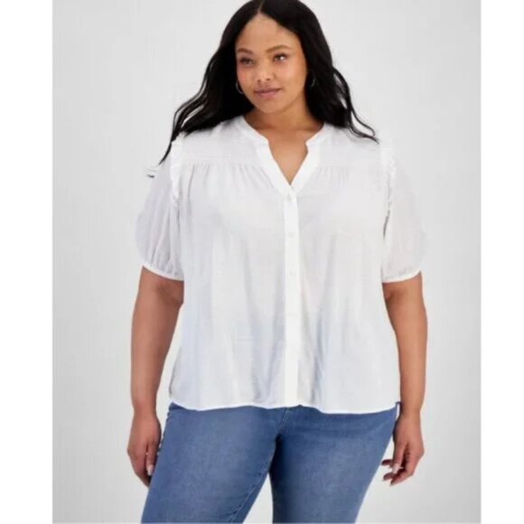 Tommy Hilfiger Women's Smocked Woven Ruffle Trim Button Up Shirt White 1X NWT - Picture 1 of 4